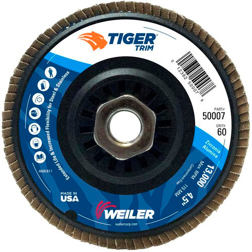 4-1/2″ Tiger Disc Abrasive Flap Disc, Angled, Trimmable Backing, 60Z, 5/8″-11 UNC Nut - Eagle Tool & Supply
