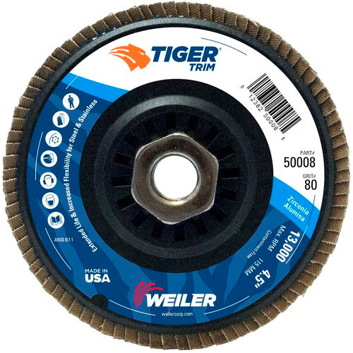 4-1/2″ Tiger Disc Abrasive Flap Disc, Angled, Trimmable Backing, 80Z, 5/8″-11 UNC Nut - Eagle Tool & Supply