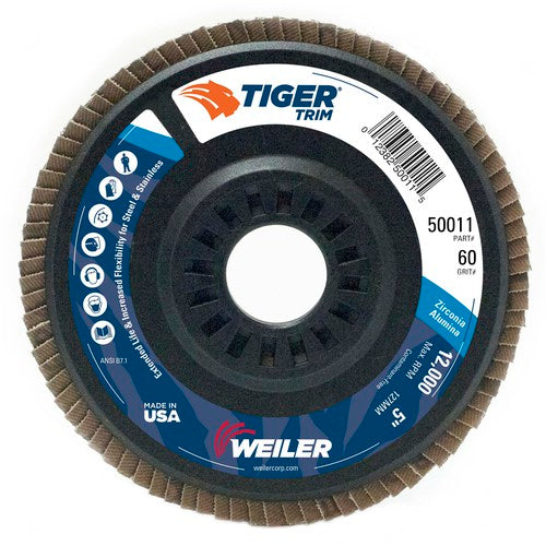 5″ Tiger Disc Abrasive Flap Disc, Angled, Trimmable Backing, 60Z, 7/8″ Arbor Hole - Eagle Tool & Supply
