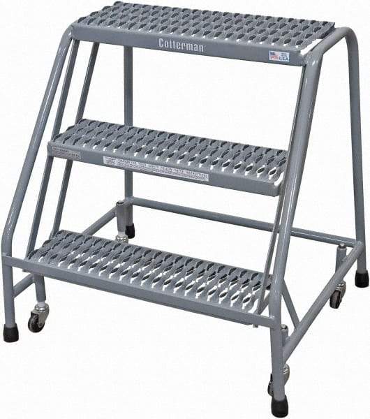 Cotterman - 30" 3 Step Rolling Warehouse Ladder - Rolling Safety Ladder, 450 Lb Capacity, 30" Platform Height, 30" Base Width x 26" Base Depth, Serrated Steel - Eagle Tool & Supply