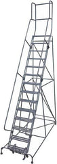 Cotterman - 182" 14 Step Rolling Warehouse Ladder - Rolling Safety Ladder, 450 Lb Capacity, 140" Platform Height, 42" Base Width x 101" Base Depth, Serrated Steel - Eagle Tool & Supply