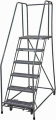 Cotterman - 90" 6 Step Rolling Warehouse Ladder - Rolling Safety Ladder, 450 Lb Capacity, 60" Platform Height, 30" Base Width x 56" Base Depth, Serrated Steel - Eagle Tool & Supply