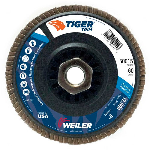 5″ Tiger Disc Abrasive Flap Disc, Angled, Trimmable Backing, 60Z, 5/8″-11 UNC Nut - Eagle Tool & Supply