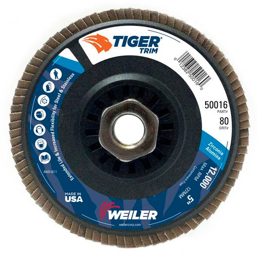 5″ Tiger Disc Abrasive Flap Disc, Angled, Trimmable Backing, 80Z, 5/8″-11 UNC Nut - Eagle Tool & Supply