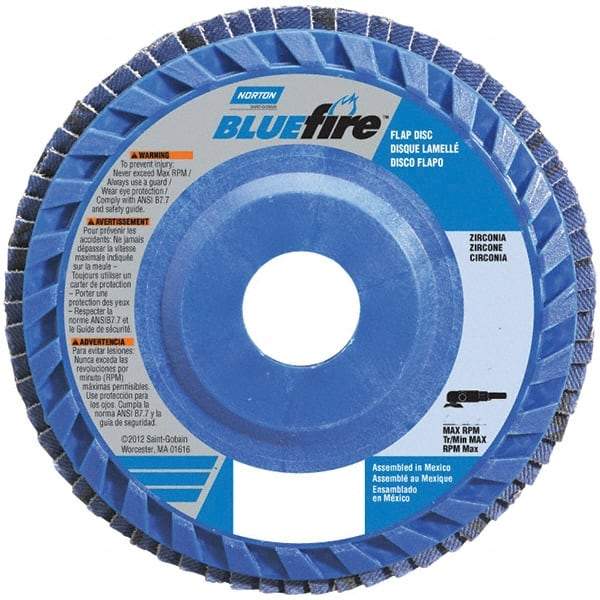 Norton - 40 Grit, 6" Disc Diam, 7/8" Center Hole, Type 27 Zirconia Alumina Flap Disc - 10,200 Max RPM, Cloth Backing, Arbor Attaching System, Coated - Eagle Tool & Supply