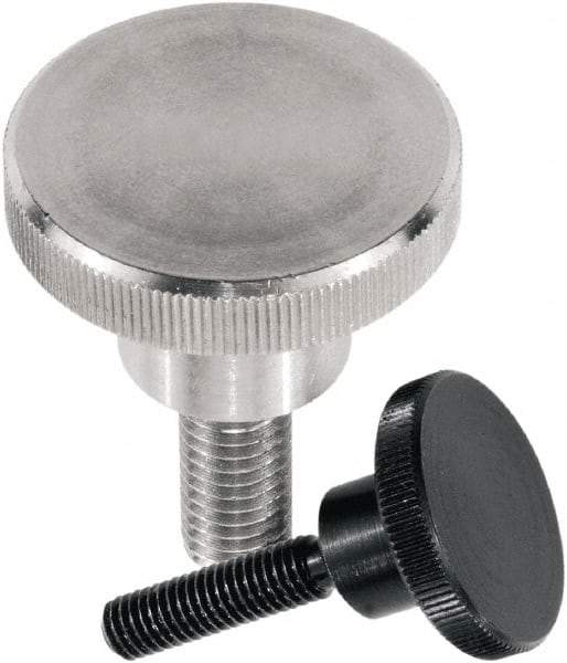 KIPP - M8 Knurled Shoulder Flat Tip Grade 1.0718 Steel Thumb Screw - 38mm OAL, 30mm Head Diam x 6mm Head Height, Black Oxide Finish - Eagle Tool & Supply