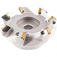Iscar - 59.4, 60.7, 62.1mm Cut Diam, 22mm Arbor Hole, 2.5mm Max Depth of Cut, 42° Indexable Chamfer & Angle Face Mill - 4 Inserts, OE.. 060405\xB6OEMW 060405-AETN\xB6REMT 1505-LM-76 Insert, Right Hand Cut, 4 Flutes, Through Coolant, Series Heliocto - Eagle Tool & Supply