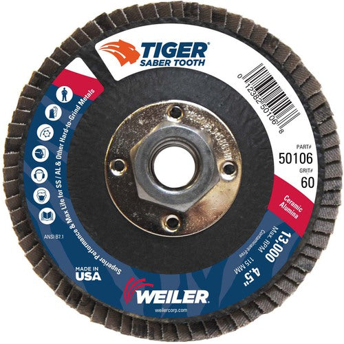 ‎4-1/2″ Saber Tooth Ceramic Abrasive Flap Disc, Angled, Phenolic Back,60C, 5/8″-11 UNC Nut - Eagle Tool & Supply