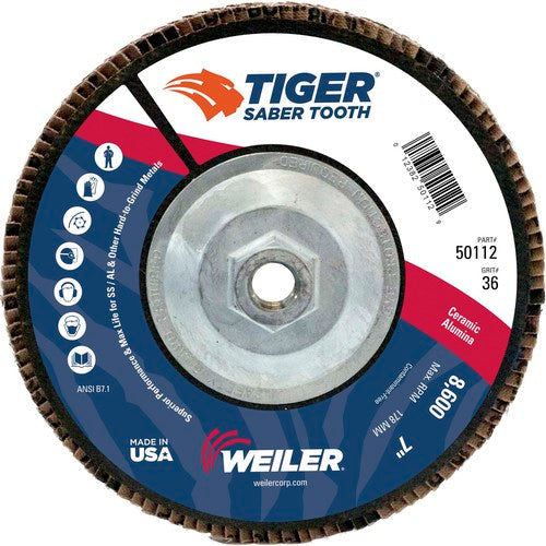 7″ Saber Tooth Ceramic Abrasive Flap Disc, Angled, Phenolic Backing, 36C, 5/8″-11 UNC Nut - Eagle Tool & Supply