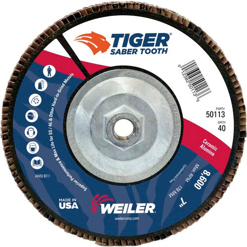 7″ Saber Tooth Ceramic Abrasive Flap Disc, Angled, Phenolic Backing, 40C, 5/8″-11 UNC Nut - Eagle Tool & Supply