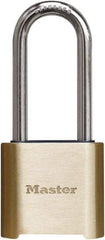 Master Lock - 2" Body Width x 3" Body Height, 2" Shackle Clearance, Brass Finish Combination Lock - 5/16" Shackle Diam, 1" Shackle Width, Set Your Own 4 Digit Combination - Eagle Tool & Supply