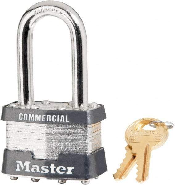 Master Lock - 1-1/2" Shackle Clearance, Keyed Alike Laminated Steel Padlock - 5/16" Shackle Diam, Steel - Eagle Tool & Supply