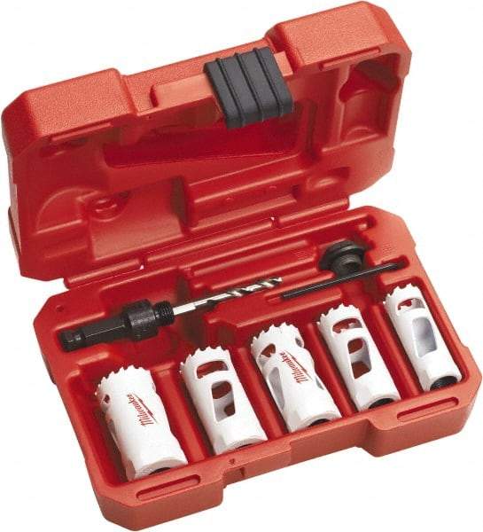 Milwaukee Tool - 7 Piece, 3/4" to 1-1/4" Saw Diam, Automotive Hole Saw Kit - Bi-Metal, Toothed Edge, Includes 5 Hole Saws - Eagle Tool & Supply