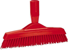 Vikan - 1.6" Bristle Length, Polyester Utility Scrub Brush - 9" Long x 1-1/2" Wide Head, 9-1/4" OAL, European Threaded Handle, Red, Polypropylene Block - Eagle Tool & Supply