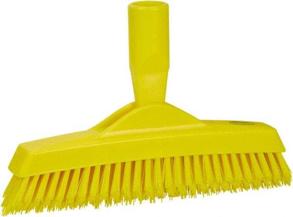 Vikan - 1.6" Bristle Length, Polyester Utility Scrub Brush - 9" Long x 1-1/2" Wide Head, 9-1/4" OAL, European Threaded Handle, Yellow, Polypropylene Block - Eagle Tool & Supply