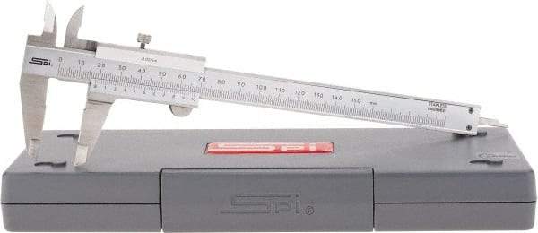 SPI - 0 to 150mm Stainless Steel Vernier Caliper - 0.02mm Graduation, 1.57" Jaw Depth, 0.02" Accuracy, Includes NIST Traceability Certificate - Eagle Tool & Supply