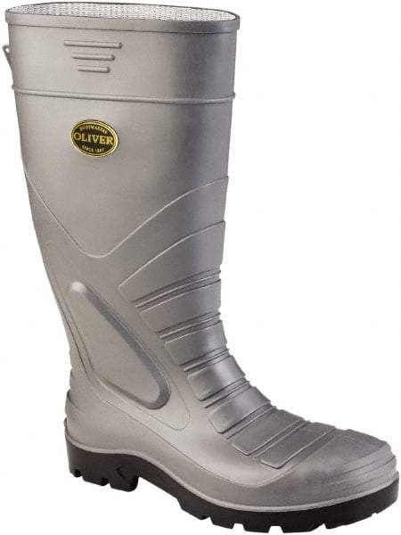 OLIVER - Men's Size 9 Wide Width Steel Knee Boot - Gray, PVC/Nitrile Blend Upper, PVC/Nitrile Blend Outsole, 16" High, Pull-On, Heat Resistant, Puncture Resistant - Eagle Tool & Supply