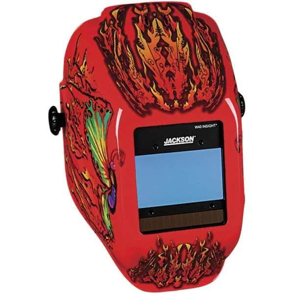 Jackson Safety - 2.36" Window Width x 3.94" Window Height, 9 to 13 Shade Auto-Darkening Lens, Fixed Front Welding Helmet with Digital Controls - Red Flaming Butterfly Design, Nylon - Eagle Tool & Supply