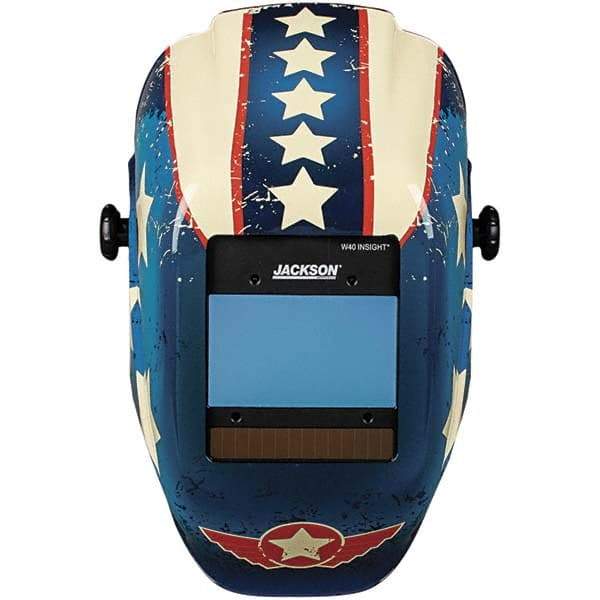 Jackson Safety - 2.36" Window Width x 3.94" Window Height, 9 to 13 Shade Auto-Darkening Lens, Fixed Front Welding Helmet with Digital Controls - Red/White/Blue Stars & Scars Design, Nylon - Eagle Tool & Supply
