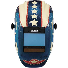 Jackson Safety - 2.36" Window Width x 3.94" Window Height, 9 to 13 Shade Auto-Darkening Lens, Fixed Front Welding Helmet with Digital Controls - Red/White/Blue Stars & Scars Design, Nylon - Eagle Tool & Supply