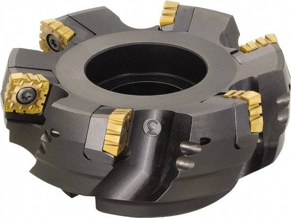 Kyocera - 125mm Cut Diam, 38.1mm Arbor Hole, 12mm Max Depth of Cut, 75° Indexable Chamfer & Angle Face Mill - 8 Inserts, SPMT1806 Insert, Right Hand Cut, 8 Flutes, Series MSRS15 - Eagle Tool & Supply