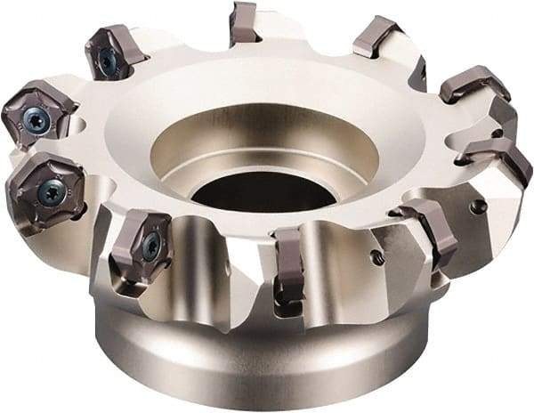 Kyocera - 100mm Cut Diam, 31.75mm Arbor Hole, 6mm Max Depth of Cut, 45° Indexable Chamfer & Angle Face Mill - 8 Inserts, PNEU 12..\xB6PNMU 12.. Insert, Right Hand Cut, 8 Flutes, Series MFPN - Eagle Tool & Supply