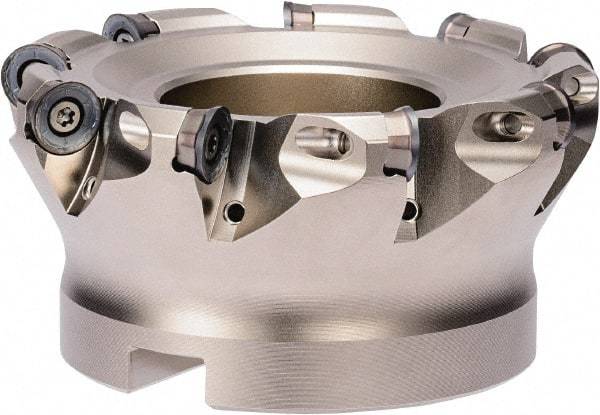 Kyocera - 63mm Cut Diam, 8mm Max Depth, 10.4mm Arbor Hole, 4 Inserts, RPGT 16, RPMT 16 Insert Style, Indexable Copy Face Mill - MRX Cutter Style, 13,500 Max RPM, 40mm High, Through Coolant, Series RAD-6 - Eagle Tool & Supply