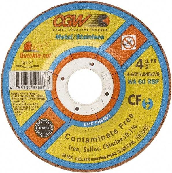 Camel Grinding Wheels - 60 Grit, 4-1/2" Wheel Diam, Type 27 Depressed Center Wheel - Medium Grade, Aluminum Oxide, Resinoid Bond, R Hardness, 13,300 Max RPM - Eagle Tool & Supply