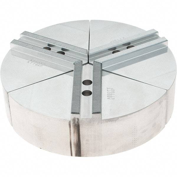 Abbott Workholding Products - 6" Max Chuck Capacity, 1.5mm x 60° Serrated Interface, Round Soft Lathe Chuck Jaw - 3 Jaw, Aluminum, 0.7874" Btw Mount Hole Ctrs, 8" Wide, 2" High, 10mm Fastener - Eagle Tool & Supply