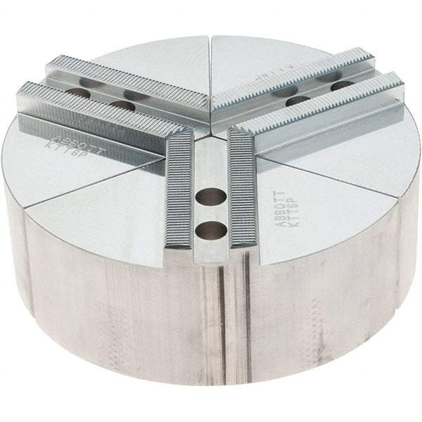 Abbott Workholding Products - 6" Max Chuck Capacity, 1.5mm x 60° Serrated Interface, Round Soft Lathe Chuck Jaw - 3 Jaw, Aluminum, 0.7874" Btw Mount Hole Ctrs, 6" Wide, 2" High, 10mm Fastener - Eagle Tool & Supply