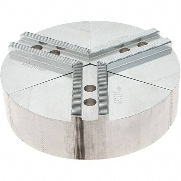 Abbott Workholding Products - 8" Max Chuck Capacity, 1.5mm x 60° Serrated Interface, Round Soft Lathe Chuck Jaw - 3 Jaw, Aluminum, 0.9843" Btw Mount Hole Ctrs, 8" Wide, 2" High, 12mm Fastener - Eagle Tool & Supply