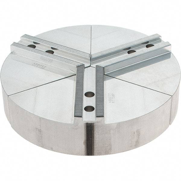 Abbott Workholding Products - 10" Max Chuck Capacity, 1.5mm x 60° Serrated Interface, Round Soft Lathe Chuck Jaw - 3 Jaw, Aluminum, 1.2598" Btw Mount Hole Ctrs, 10" Wide, 2" High, 12mm Fastener - Eagle Tool & Supply