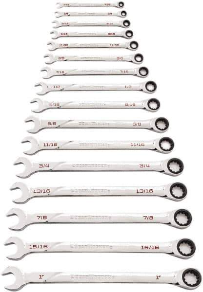 GearWrench - 16 Piece, 7/32" to 1", Ratcheting Combination Wrench Set - Inch Measurement Standard, Chrome Finish - Eagle Tool & Supply