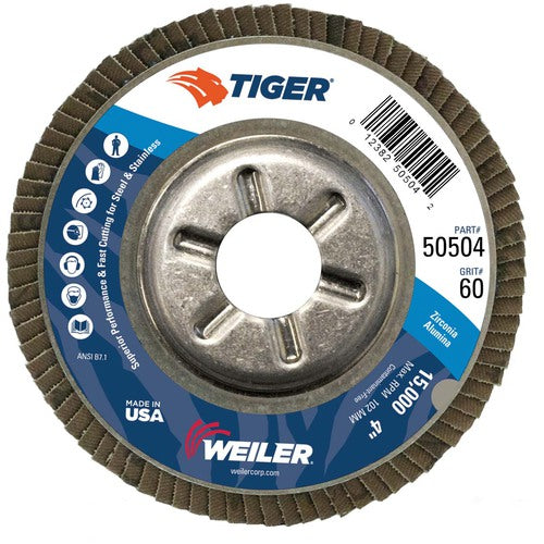 4″ Tiger Disc Abrasive Flap Disc, Angled, Alum. Backing, 60Z, 5/8″ Arbor Hole - Eagle Tool & Supply