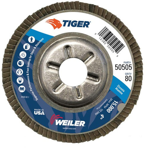 4″ Tiger Disc Abrasive Flap Disc, Angled, Alum. Backing, 80Z, 5/8″ Arbor Hole - Eagle Tool & Supply