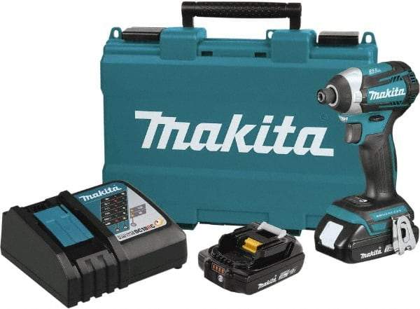 Makita - 18 Volt, 1/4" Drive, 20 Ft/Lb Torque, Cordless Impact Driver - Pistol Grip Handle, 3600 RPM, 2 Lithium-Ion Batteries Included - Eagle Tool & Supply