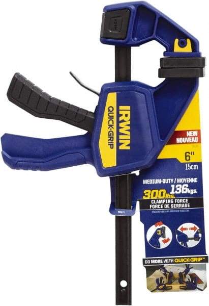 Irwin - 6" Capacity, 3-3/16" Throat Depth Carbon Steel Bar Clamp - 300 Lb Clamping Pressure, 13-1/4" OAL, 339.73mm Max Spread - Eagle Tool & Supply