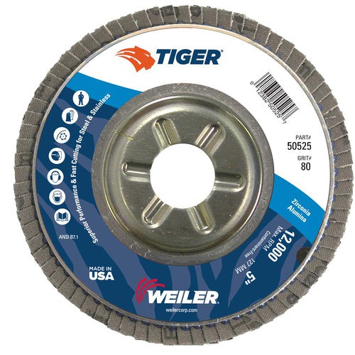 5″ Tiger Disc Abrasive Flap Disc, Angled, Alum. Backing, 80Z, 7/8″ Arbor Hole - Eagle Tool & Supply