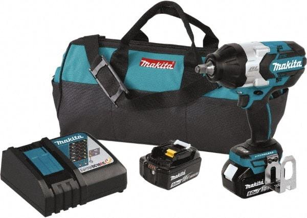 Makita - 1/2" Drive 18 Volt Pistol Grip Cordless Impact Wrench & Ratchet - 1,850 RPM, 750 Ft/Lb Torque, 2 Lithium-Ion Batteries Included - Eagle Tool & Supply