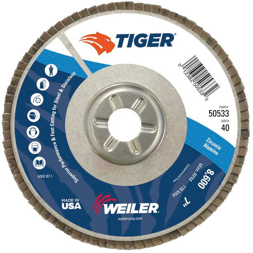 7″ Tiger Disc Abrasive Flap Disc, Angled, Alum. Backing, 40Z, 7/8″ Arbor Hole - Eagle Tool & Supply