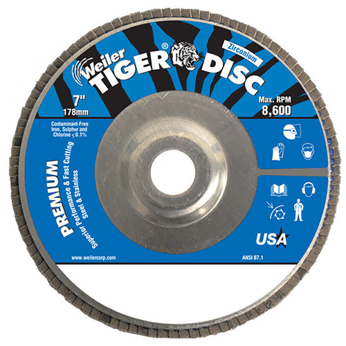 7″ Tiger Disc Abrasive Flap Disc, Angled, Alum. Backing, 80Z, 7/8″ Arbor Hole - Eagle Tool & Supply