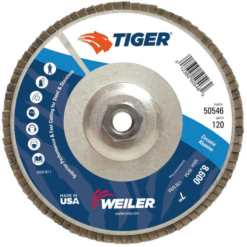 7″ Tiger Disc Abrasive Flap Disc, Angled, Alum. Backing, 120Z, 5/8″-11 UNC Nut - Eagle Tool & Supply