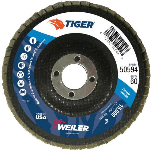 4″ Tiger Disc Abrasive Flap Disc, Angled, Phenolic Backing, 60Z, 5/8″ Arbor Hole - Eagle Tool & Supply