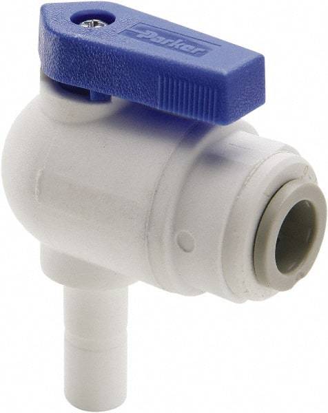 Parker - 1/4 x 3/8" Pipe, Full Port, Polypropylene Valve Tube Elbow Union Ball Valve - Bi-Directional, Tube OD x Stem OD Ends, Wedge Handle, 150 WOG - Eagle Tool & Supply