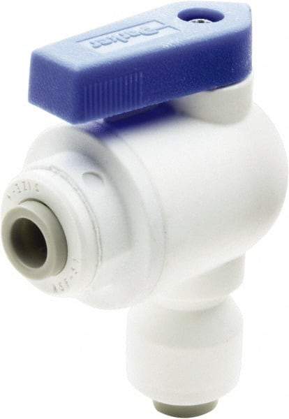 Parker - 1/4" Pipe, Full Port, Polypropylene Valve Elbow Union Ball Valve - Bi-Directional, Push-to-Connect x Push-to-Connect Ends, Wedge Handle, 150 WOG - Eagle Tool & Supply