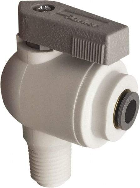 Parker - 1/4" Pipe, Full Port, Polypropylene Valve Male Elbow Ball Valve - Bi-Directional, MNPT x Push-to-Connect Ends, Wedge Handle, 150 WOG - Eagle Tool & Supply