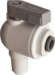 Parker - 1/8" Pipe, Full Port, Polypropylene Valve Male Elbow Ball Valve - Bi-Directional, MNPT x Push-to-Connect Ends, Wedge Handle, 150 WOG - Eagle Tool & Supply