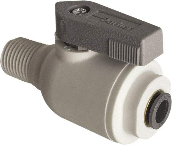 Parker - 3/8" Pipe, Full Port, Polypropylene Valve Male Connector Ball Valve - Bi-Directional, MNPT x Push-to-Connect Ends, Wedge Handle, 150 WOG - Eagle Tool & Supply