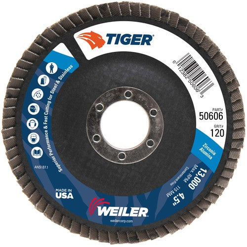 4-1/2″ Tiger Disc Abrasive Flap Disc, Angled, Phenolic Backing, 120Z, 7/8″ Arbor Hole - Eagle Tool & Supply