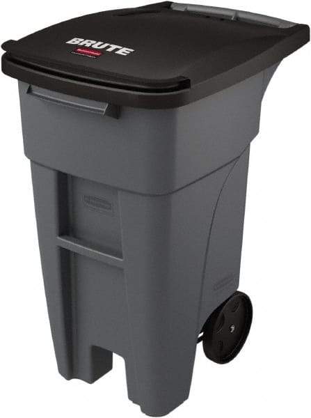 Rubbermaid - 32 Gal Gray Rectangle Trash Can - Plastic, None Graphic, 37.16" High x 20.62" Wide, Lid Included - Eagle Tool & Supply